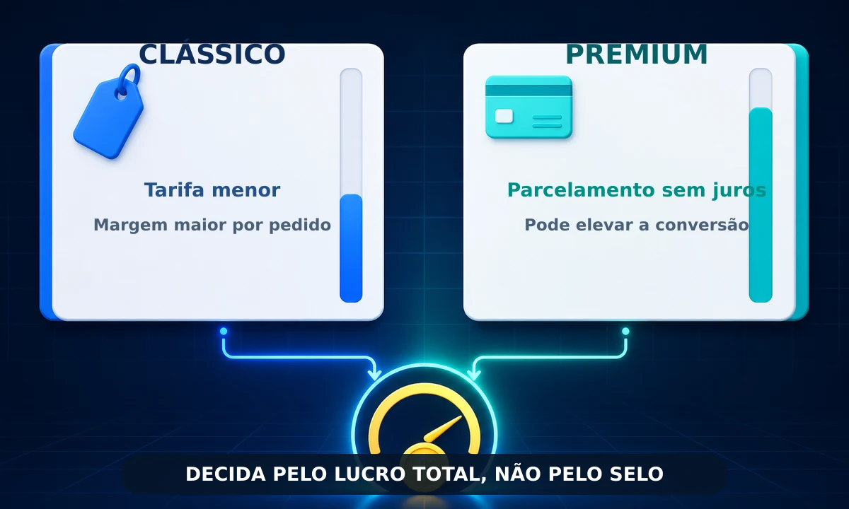 Comparação conceitual entre Clássico, com tarifa menor, e Premium, com parcelamento sem juros e possível ganho de conversão