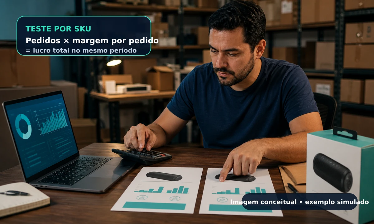 Vendedor comparando cenários de pedidos, margem por pedido e contribuição total antes de escolher o tipo de anúncio