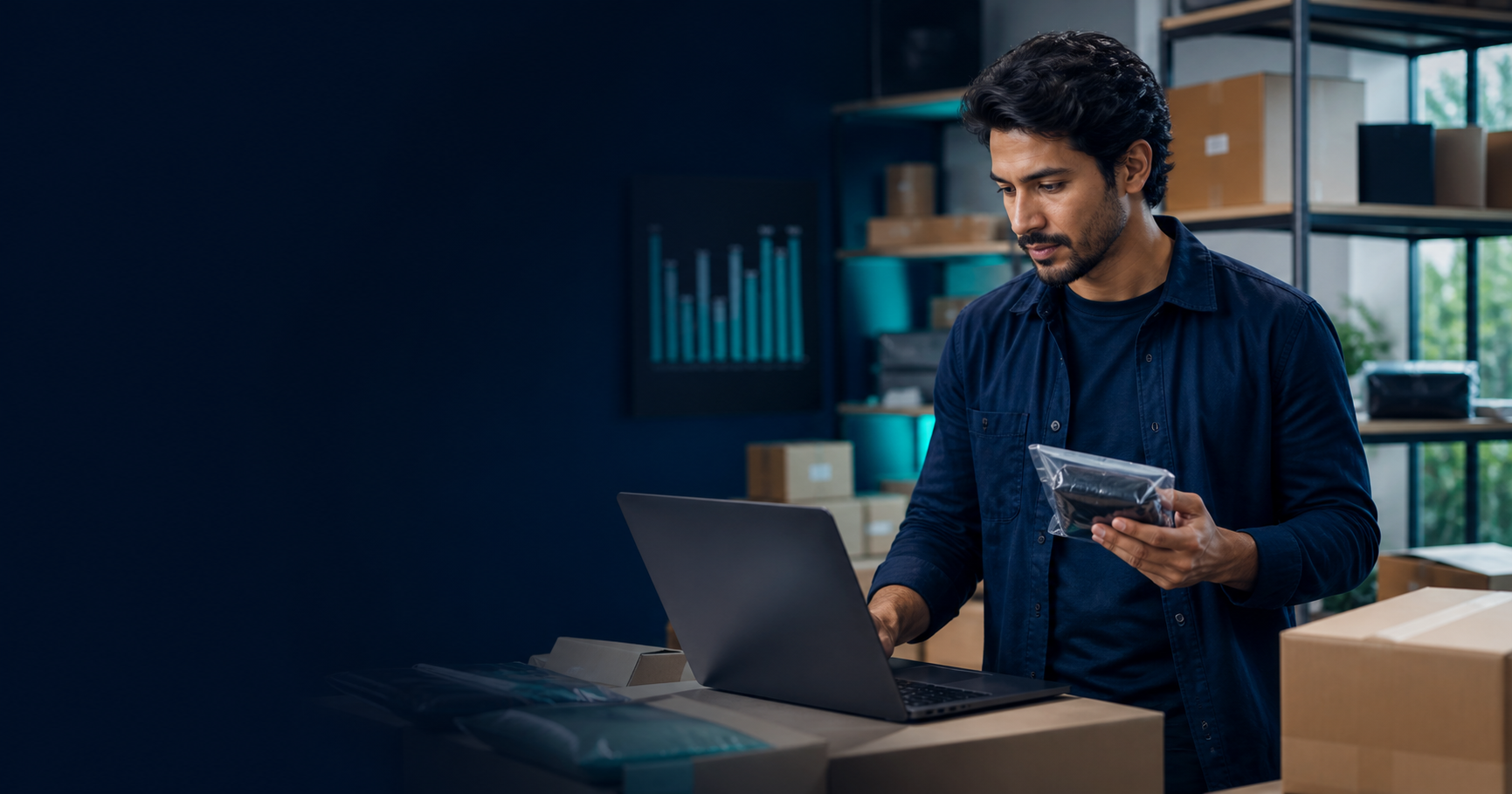 Vendedor analisa a reposição de produtos e o nível de estoque em uma operação de marketplace