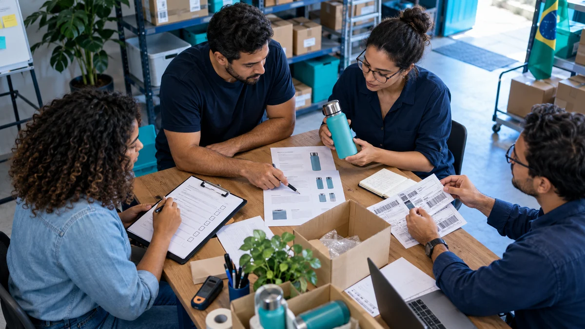 Equipe confere produto, checklist e documentação em uma revisão semanal de anúncios; imagem conceitual