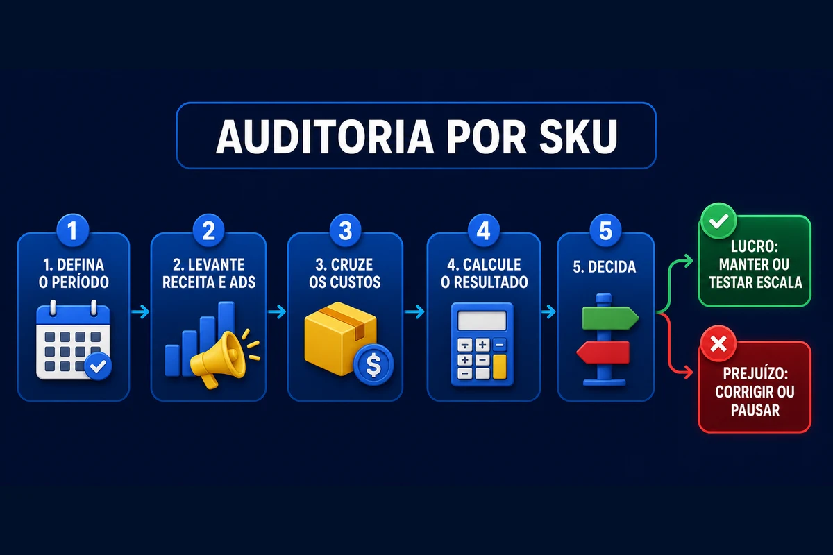 Fluxo conceitual para auditar o resultado do Mercado Ads por SKU