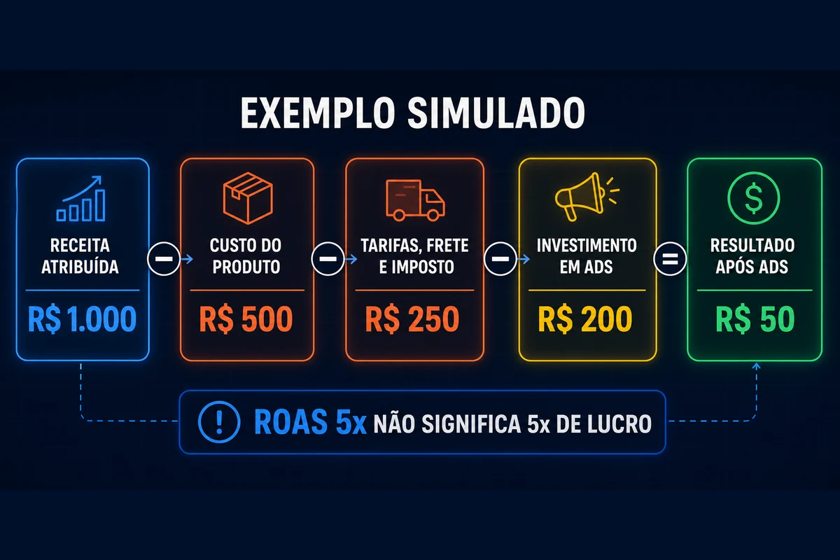 Exemplo simulado da conta de receita atribuída menos custos e investimento em Ads